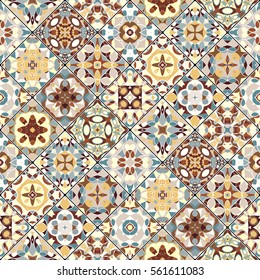 Brown and blue abstract patterns in the mosaic set. Square scraps in oriental style. Vector illustration. Ideal for printing on fabric or paper.
