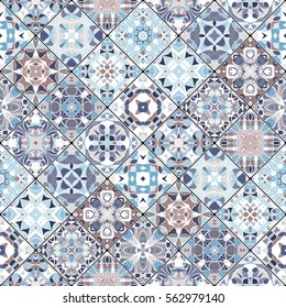Brown and blue abstract patterns in the mosaic set. Square scraps in oriental style. Vector illustration. Ideal for printing on fabric or paper.