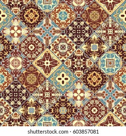 Brown and blue abstract patterns in the mosaic set. Square scraps in oriental style. Vector illustration. Ideal for printing on fabric or paper.