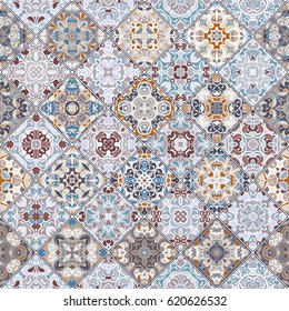 Brown and blue abstract patterns in the mosaic set. Square scraps in oriental style. Vector illustration. Ideal for printing on fabric or paper.