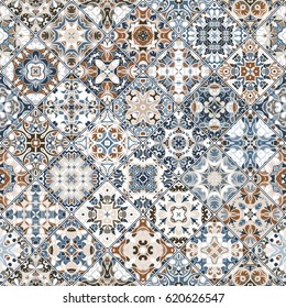 Brown and blue abstract patterns in the mosaic set. Square scraps in oriental style. Vector illustration. Ideal for printing on fabric or paper.