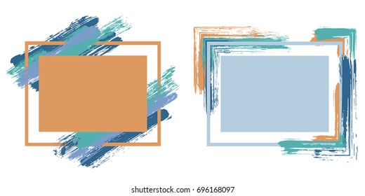 Brown and blue art frame set vector collection.  Grunge border with painted brushstrokes background collection. Painted frames graphics design templates for banners, flyers, posters, cards.