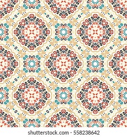 Brown blue background. Stylized flower seamless pattern. Colorful weave floral ornament vector. Intricate luxury decoration. Flourish furniture fabric print, wallpaper. Curvy interior design element.