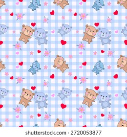 Osos marrones y azules junto a personajes individuales, frente a un clásico gingham azul claro y blanco para la decoración de la guardería, ropa de bebé y envoltura de regalo temática.