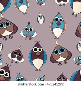 Brown and blue cute owl seamless pattern