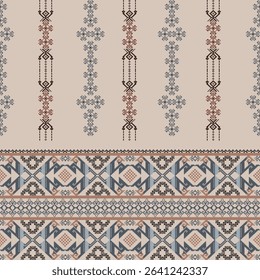 Brown and blue ethnic boho seamless pattern. Tribal pattern. Folk motif. Cross-stitch pattern. Pixel seamless pattern. Vector illustration. Design for background, elaborate borders, and textiles. 