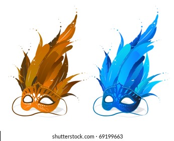 Brown and blue feather party masks