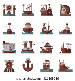 Brown and blue flat style vector icons set for marine vessel elements. Ships, sea port, ship unloading, lighthouse and other objects for business and web design.