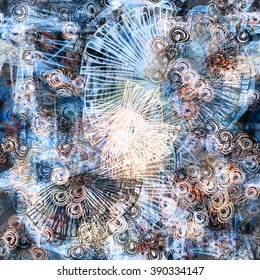 Brown and blue floral seamless tropical pattern. Boho background for design. Spots, scratch, grunge. With effect blur and watercolors. Vector abstract template