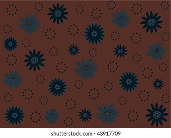 Brown and blue flowers and dotted circles on a brown background.
