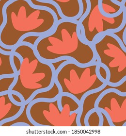 Brown with blue geometric lines and orange whimsical flowers seamless pattern background design.