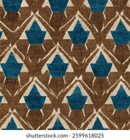 Brown and blue geometric with maple leaf motifs. grunge lines ikat pattern, striped seamless pattern, Vector illustration background for print the paper.