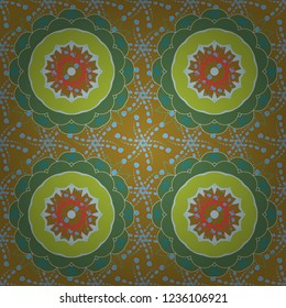 Brown, blue and green colors vector seamless pattern with many flowers.