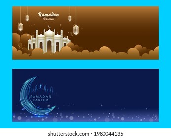 Brown And Blue Header Or Banner Design With Hanging Lanterns, Crescent Moon, Mosque Illustration For Ramadan Kareem.