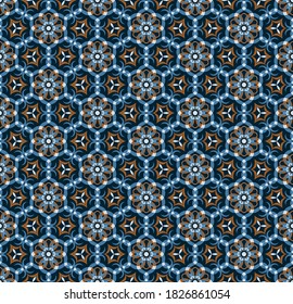 brown, blue, light curved and wavy stripes and rounded segments are grouped and lined up against a dark blue background. beautiful motley seamless pattern with Indian motives. vector
