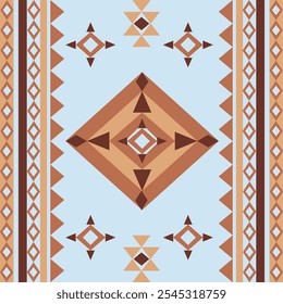 Brown and blue Navajo tribal vector seamless pattern. Native American ornament. Ethnic Southwest decor style. Boho geometric ornament. Mexican blanket, rug. Woven carpet illustration.