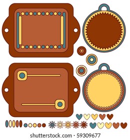 Brown, blue and orange vector tags, labels, hearts and more