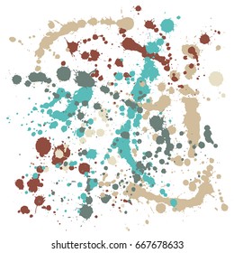 Brown and blue paint splashes vector. Drops and stains background. Hand painted spots on white. Paint splash or splat, splattered ink, dirty blots artistic elements.