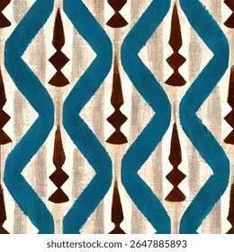 Brown and blue pattern with white stripes, turquoise lines, grunge lines ikat pattern, ikat seamless pattern, Vector illustration background for print the paper.