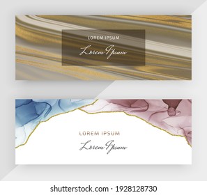 Brown and blue, pink alcohol ink with gold glitter horizontal banners for social media