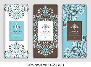 Brown and blue vintage packaging design of chocolate bars. Vector luxury template with ornament elements. Can be used for background and wallpaper. Great for food and drink package types.