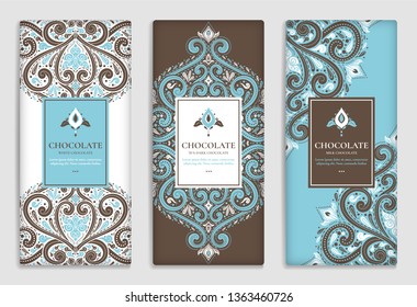 Brown and blue vintage packaging design of chocolate bars. Vector luxury template with ornament elements. Can be used for background and wallpaper. Great for food and drink package types.