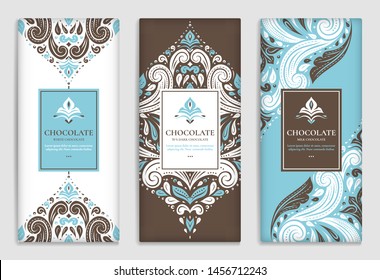 Brown and blue vintage packaging design of chocolate bars. Vector luxury template with ornament elements. Can be used for background and wallpaper. Great for food and drink package types.