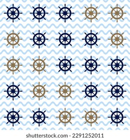 Brown blue yacht helm boat steering wheel sailing navigation symbol on blue waves ripple vector seamless pattern. Nautical equipment. Vessel helm flat icon, ship steering wheel sign marine ornament.