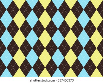 Brown blue yellow argyle seamless pattern. Flat design. Vector illustration.