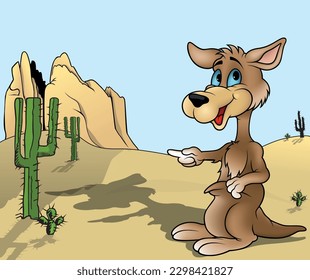 Brown Blue-eyed Kangaroo with Big Pocket Standing from Profile and Pointing with his Finger - Colored Cartoon Illustration with Desert Background, Vector