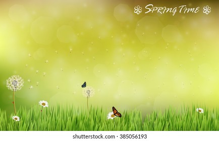 Brown blur background of spring meadow with butterflies.Vector
