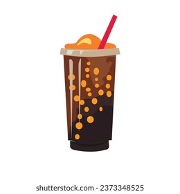 Brown boba tea drink vector image, chocolate milk tea, bubble coffee tea in glass with straw