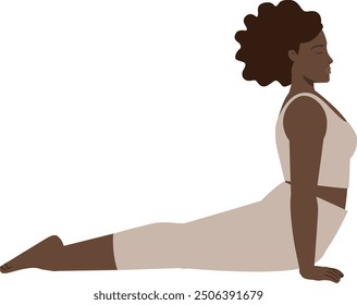 Brown body positive woman sun salutation yoga pose