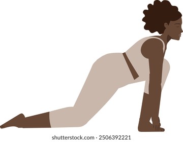 Brown body positive woman sun salutation yoga pose