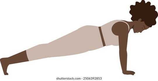 Brown body positive woman sun salutation yoga pose