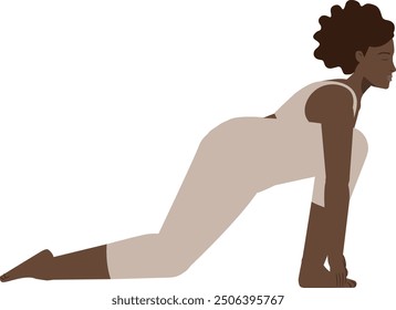 Brown body positive woman sun salutation yoga pose