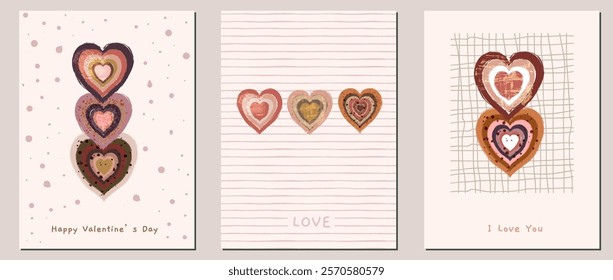 Brown boho hearts greeting cards vector set, romantic distressed grunge designs in earthy warm colors for wedding invitations, greeting cards
