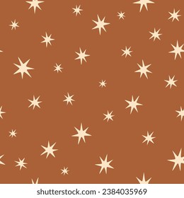 Brown boho stars seamless pattern. Hand drawn sky repeat background. Vector starry print, endless wallpaper, wrapping paper fabric, pastel cozy textile design.