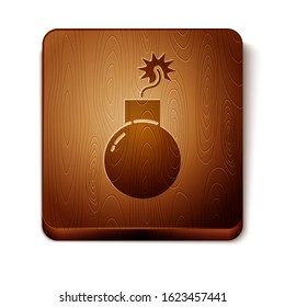 Brown Bomb ready to explode icon isolated on white background. Wooden square button. Vector Illustration
