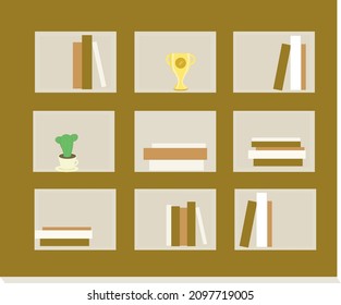 Librería marrón con diferentes libros, taza y flor