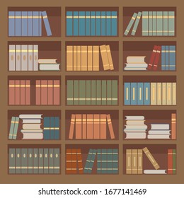 Brown bookcase filled with various books : textbooks, novels, scientific literature. Education or bookstore concept.