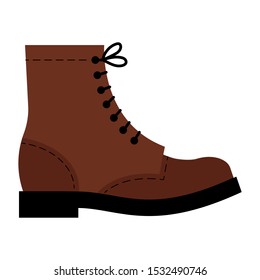 Brown Boot. Leather boot with lacing. Reliable shoes for hiking, walking, autumn. Modern vector illustration.