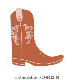 Brown Сowboy boot with ornament.  Wild West theme. Hand drawn colored trendy Vector isolated illustration.