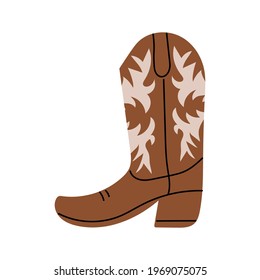 Brown Сowboy boot with ornament.  Wild West theme. Hand drawn colored trendy Vector isolated illustration.