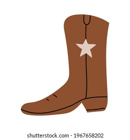 Brown Сowboy boot with star ornament.  Wild West theme. Hand drawn colored trendy Vector isolated illustration.
