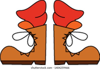 Brown boots with red socks, vector, color drawing or illustration. 