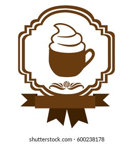 brown border heraldic decorative ribbon with cup of cappuccino with cream vector illustration