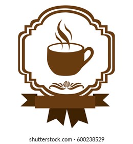 brown border heraldic decorative ribbon with cup and smoke coffee vector illustration