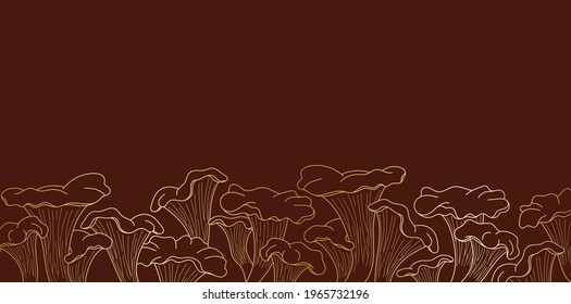 Brown border wallpaper with golden line art of edible mushrooms. Backdrop for menus, recipes, cooking. Metallic effect. Minimalistic food background