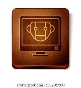 Brown Bot icon isolated on white background. Computer monitor and robot icon. Wooden square button. Vector Illustration